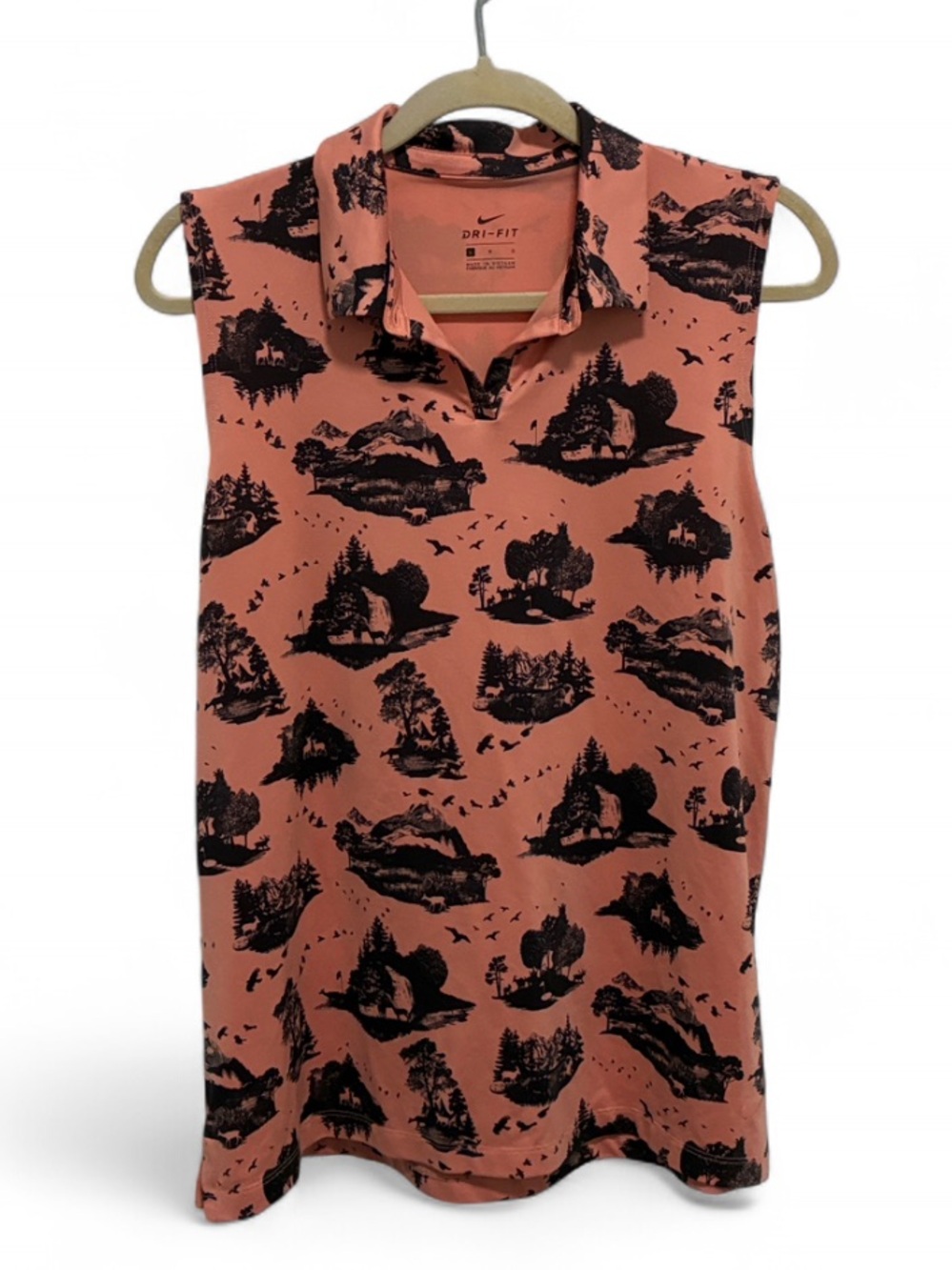 Nike Dri Fit Sleeveless Coral Outdoors Nature Print Polo Top